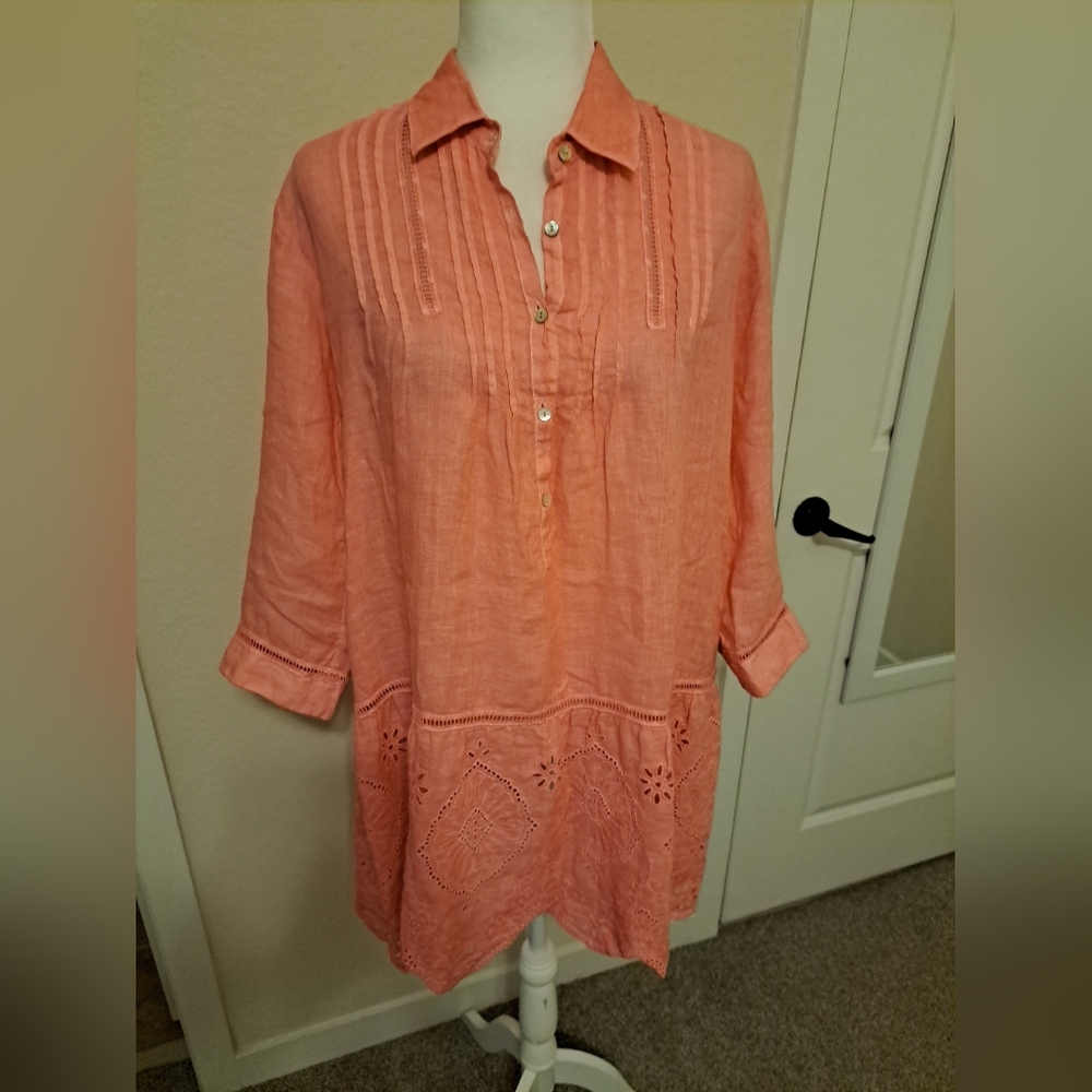 Linen Dress 120% Lino Embroidered Knee Length Pink Size 38 US Size XXS Oversized